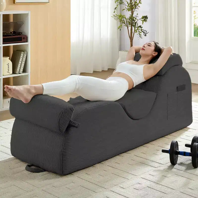 Mjkone Corduroy Yoga Chaise Lounge Chair,Curved Yoga Lounger Sofa with Movable Headrest/Waist Cushion/Footrest,Non-Slip Bottom