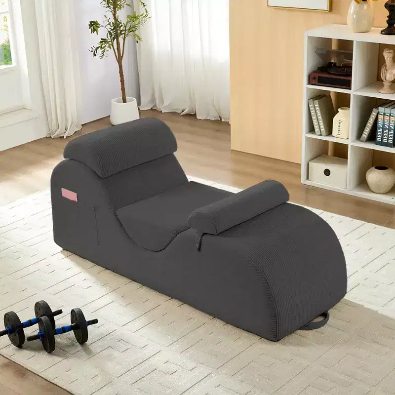 Mjkone Corduroy Yoga Chaise Lounge Chair,Curved Yoga Lounger Sofa with Movable Headrest/Waist Cushion/Footrest,Non-Slip Bottom