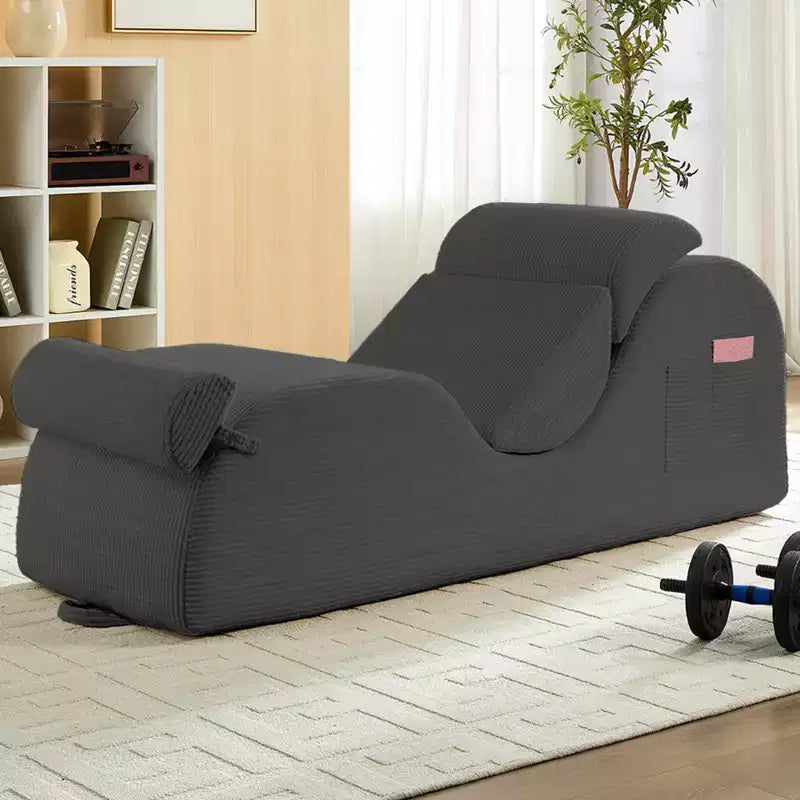 Mjkone Corduroy Yoga Chaise Lounge Chair,Curved Yoga Lounger Sofa with Movable Headrest/Waist Cushion/Footrest,Non-Slip Bottom