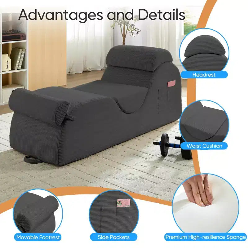 Mjkone Corduroy Yoga Chaise Lounge Chair,Curved Yoga Lounger Sofa with Movable Headrest/Waist Cushion/Footrest,Non-Slip Bottom