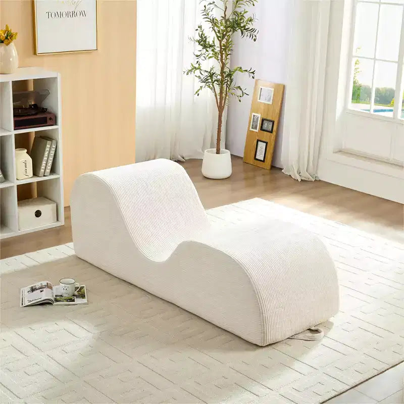Mjkone Corduroy Yoga Chaise Lounge Chair,Curved Yoga Lounger Sofa with Movable Headrest/Waist Cushion/Footrest,Non-Slip Bottom