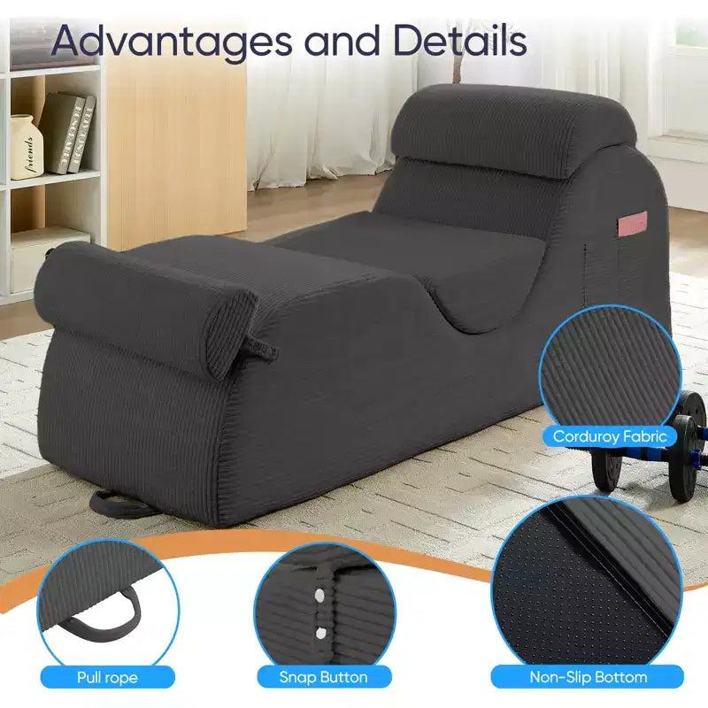 Mjkone Corduroy Yoga Chaise Lounge Chair,Curved Yoga Lounger Sofa with Movable Headrest/Waist Cushion/Footrest,Non-Slip Bottom