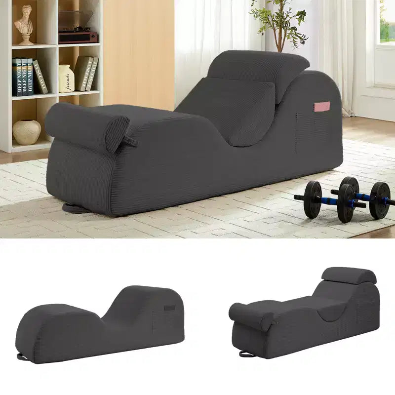 Mjkone Corduroy Yoga Chaise Lounge Chair,Curved Yoga Lounger Sofa with Movable Headrest/Waist Cushion/Footrest,Non-Slip Bottom