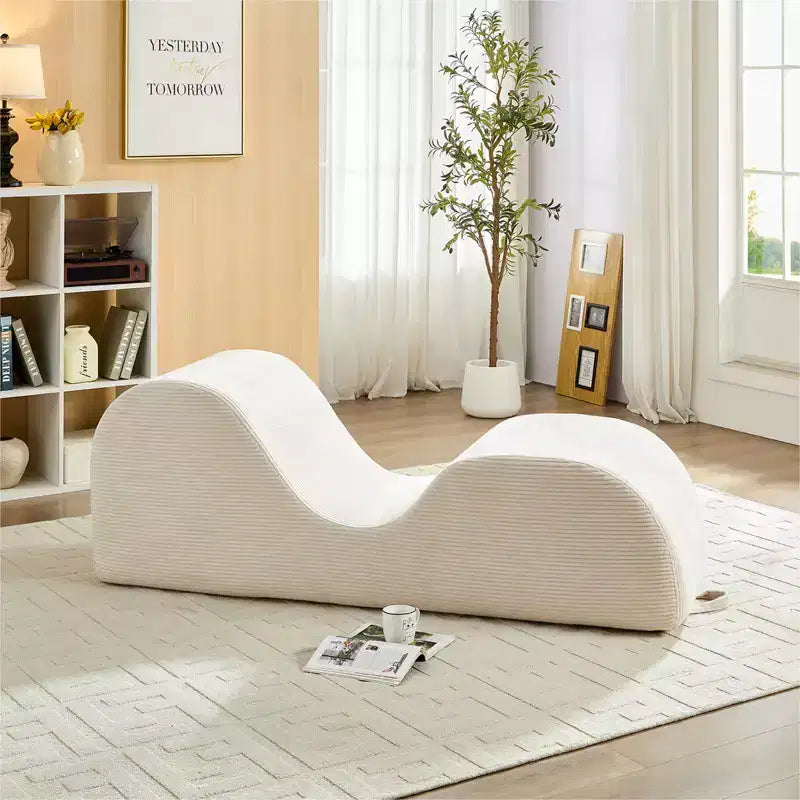 Mjkone Corduroy Yoga Chaise Lounge Chair,Curved Yoga Lounger Sofa with Movable Headrest/Waist Cushion/Footrest,Non-Slip Bottom