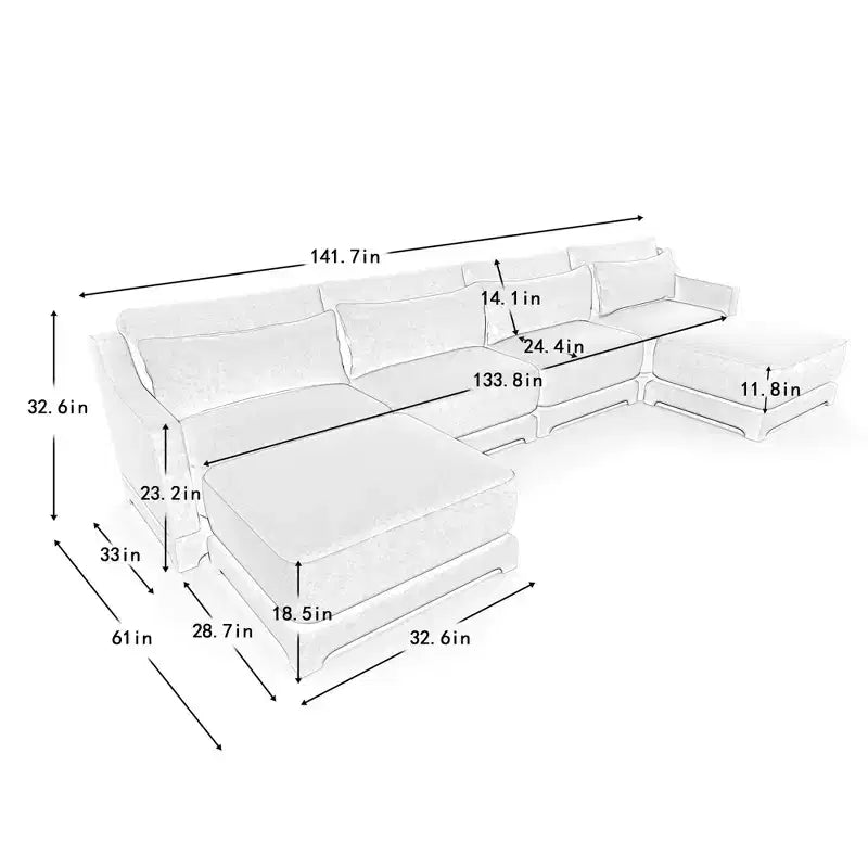 4-Seater Chenille Fabric Beige Sofa with 1 Movable Ottoman and Lumbar Pillow Solid Wood Frame High Resilient Sponge