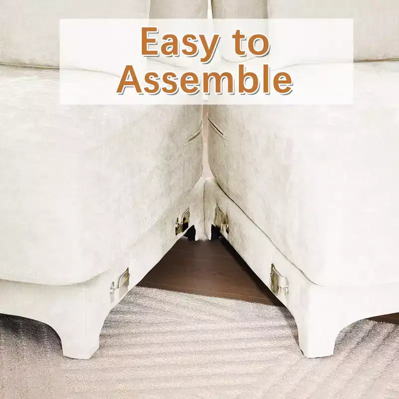 4-Seater Chenille Fabric Beige Sofa with 1 Movable Ottoman and Lumbar Pillow Solid Wood Frame High Resilient Sponge