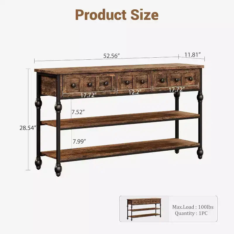 Console table,entrance table with 3 drawers,3-layer metal sofa table,open shelf behind corridor sofa table