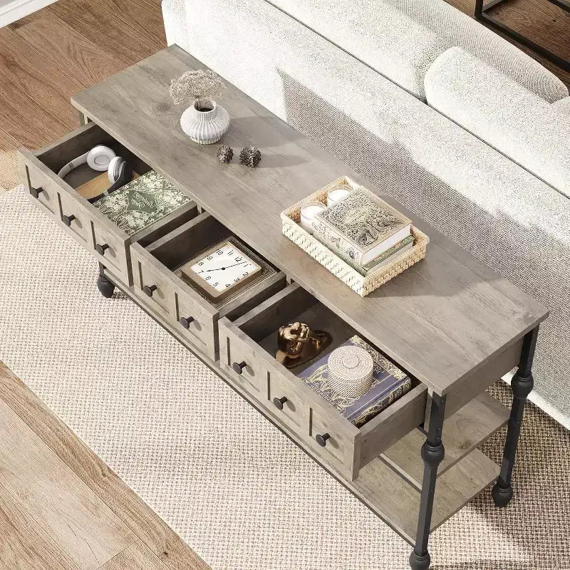 Console table,entrance table with 3 drawers,3-layer metal sofa table,open shelf behind corridor sofa table