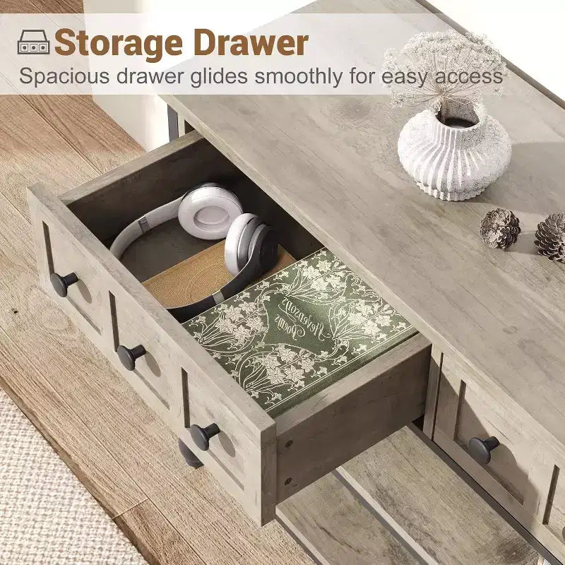 Console table,entrance table with 3 drawers,3-layer metal sofa table,open shelf behind corridor sofa table