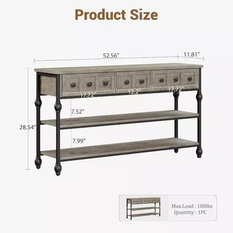 Console table,entrance table with 3 drawers,3-layer metal sofa table,open shelf behind corridor sofa table