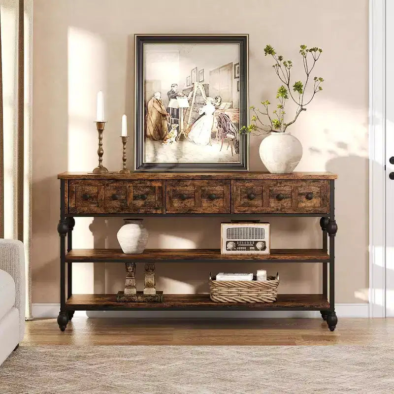 Console table,entrance table with 3 drawers,3-layer metal sofa table,open shelf behind corridor sofa table