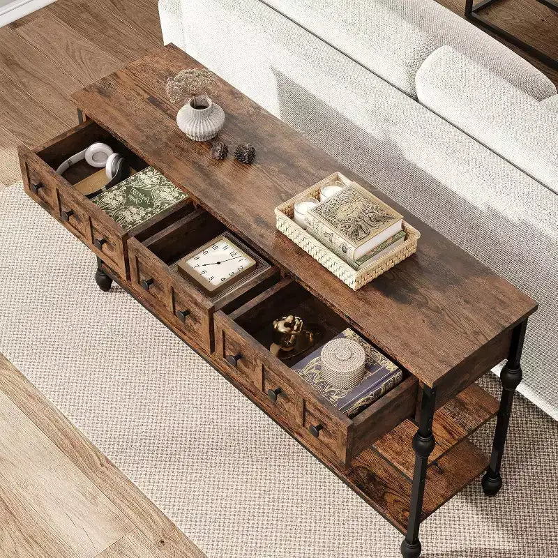 Console table,entrance table with 3 drawers,3-layer metal sofa table,open shelf behind corridor sofa table