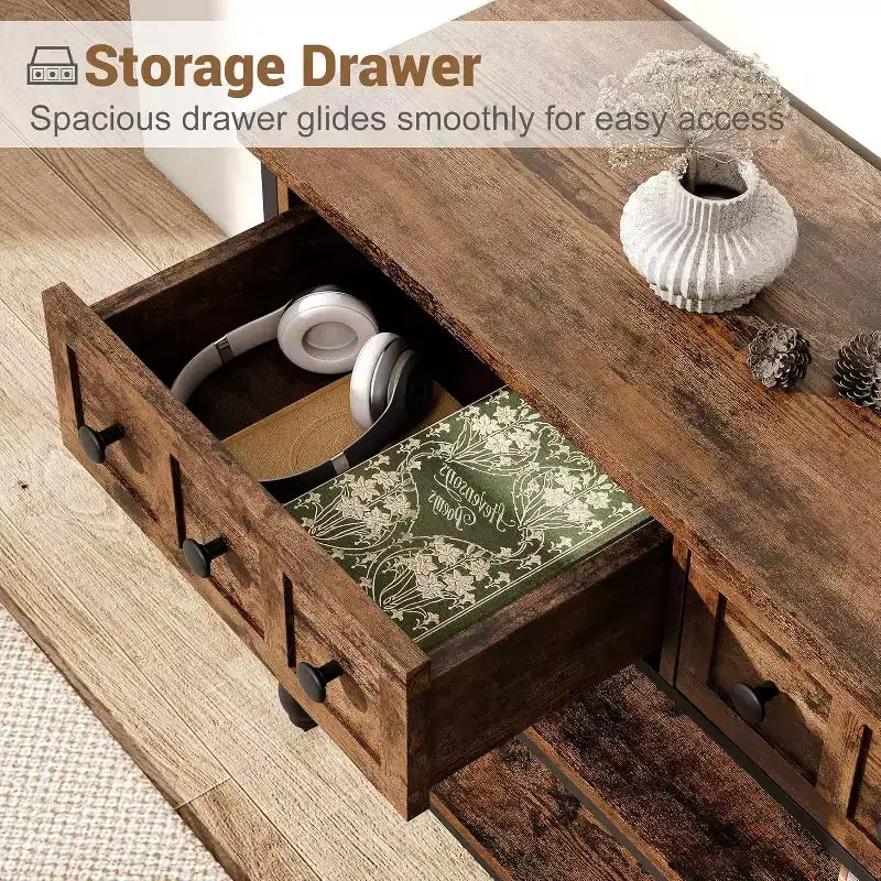 Console table,entrance table with 3 drawers,3-layer metal sofa table,open shelf behind corridor sofa table