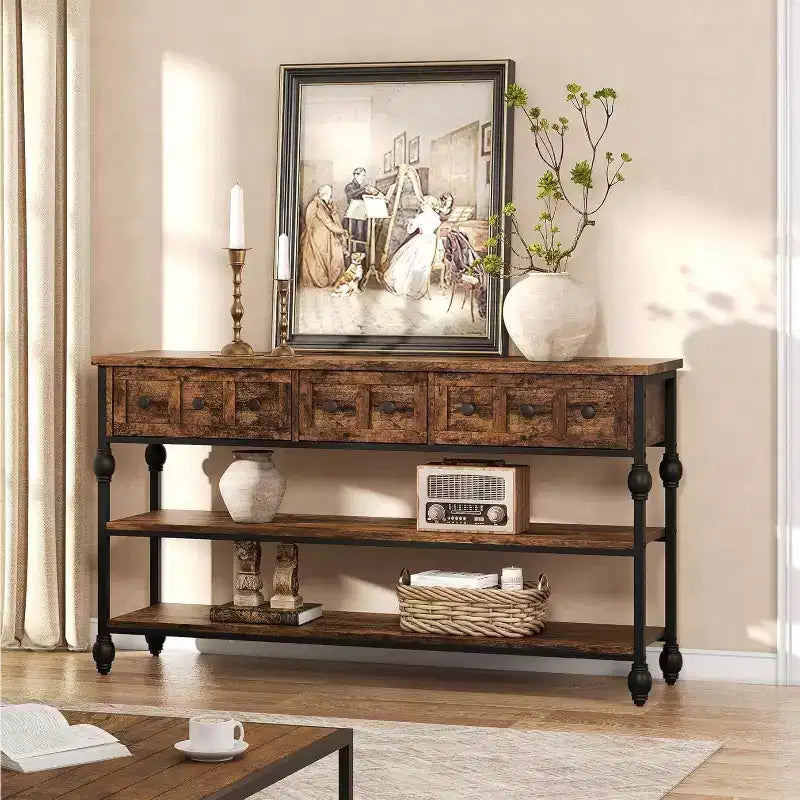 Console table,entrance table with 3 drawers,3-layer metal sofa table,open shelf behind corridor sofa table