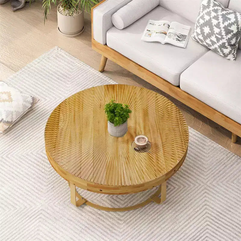 Round Coffee Table, Modern Wooden Side Table, Farmhouse Carving Pattern Coffee Table with Metal Legs for Living Room Office Apartment