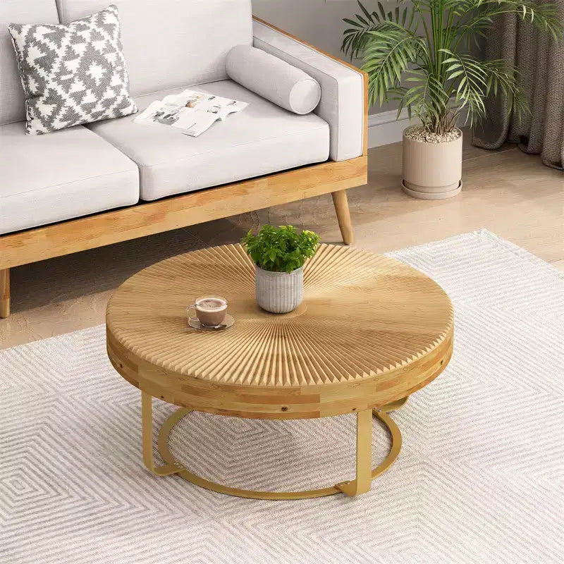 Round Coffee Table, Modern Wooden Side Table, Farmhouse Carving Pattern Coffee Table with Metal Legs for Living Room Office Apartment