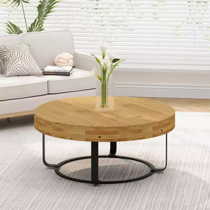 Round Coffee Table, Modern Wooden Side Table, Farmhouse Carving Pattern Coffee Table with Metal Legs for Living Room Office Apartment