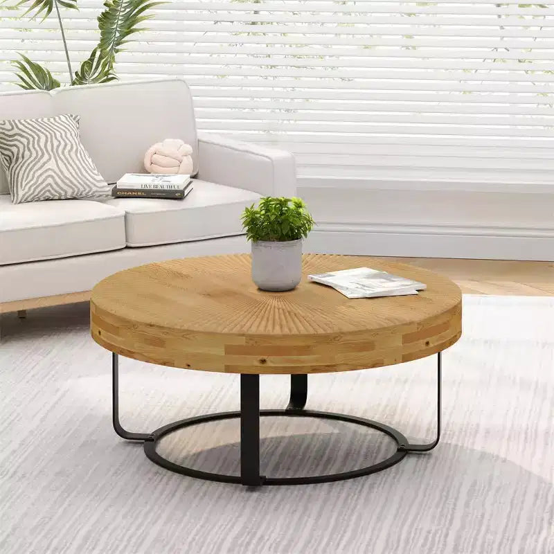 Round Coffee Table, Modern Wooden Side Table, Farmhouse Carving Pattern Coffee Table with Metal Legs for Living Room Office Apartment