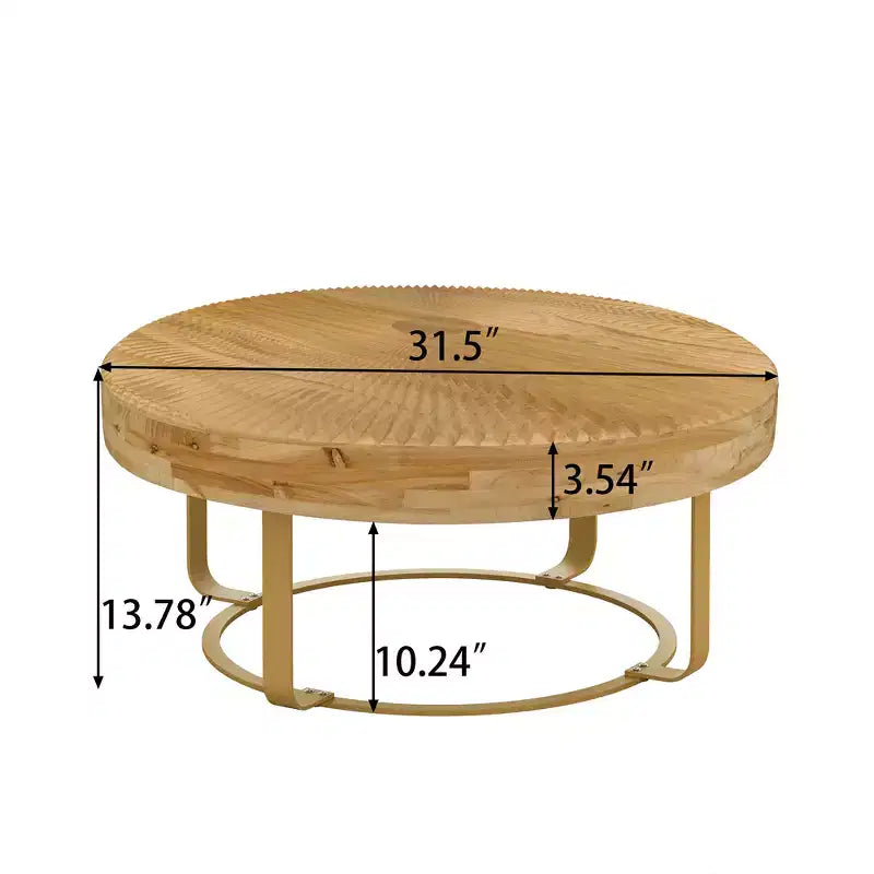 Round Coffee Table, Modern Wooden Side Table, Farmhouse Carving Pattern Coffee Table with Metal Legs for Living Room Office Apartment