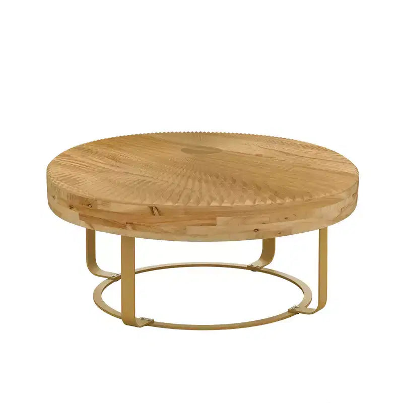 Round Coffee Table, Modern Wooden Side Table, Farmhouse Carving Pattern Coffee Table with Metal Legs for Living Room Office Apartment