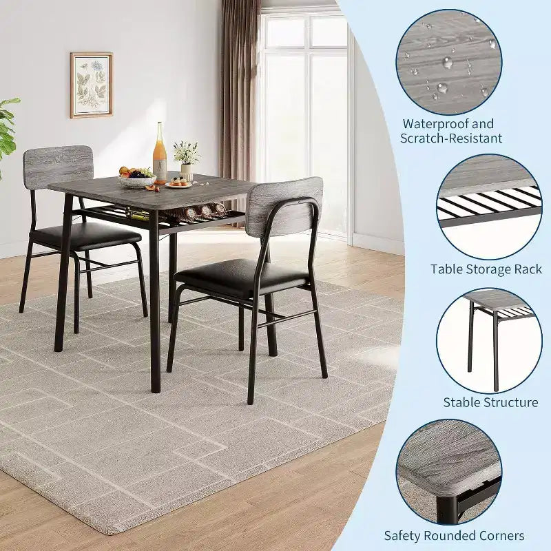 3-Piece Dining Table Set for 2, Wood Kitchen Table with Storage Rack, Upholstered Chairs of 2, Dining Room Set for Small Space, Apartment