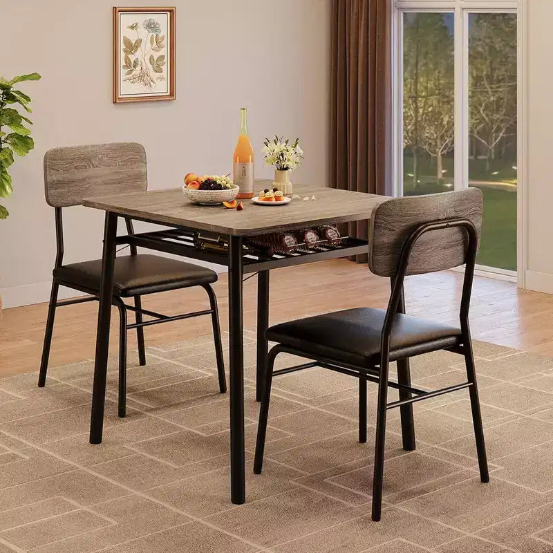 3-Piece Dining Table Set for 2, Wood Kitchen Table with Storage Rack, Upholstered Chairs of 2, Dining Room Set for Small Space, Apartment