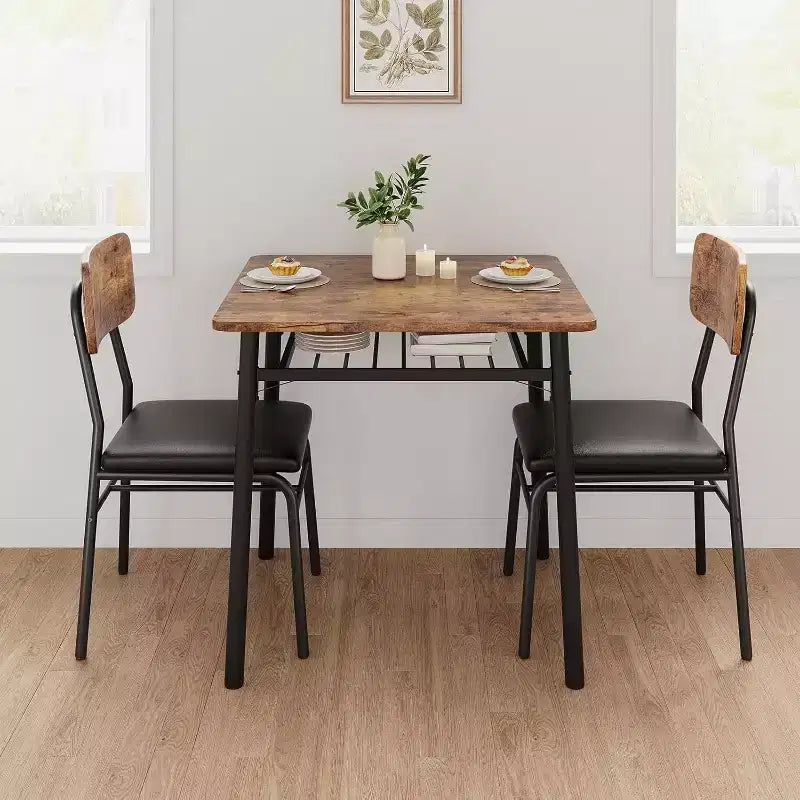 3-Piece Dining Table Set for 2, Wood Kitchen Table with Storage Rack, Upholstered Chairs of 2, Dining Room Set for Small Space, Apartment