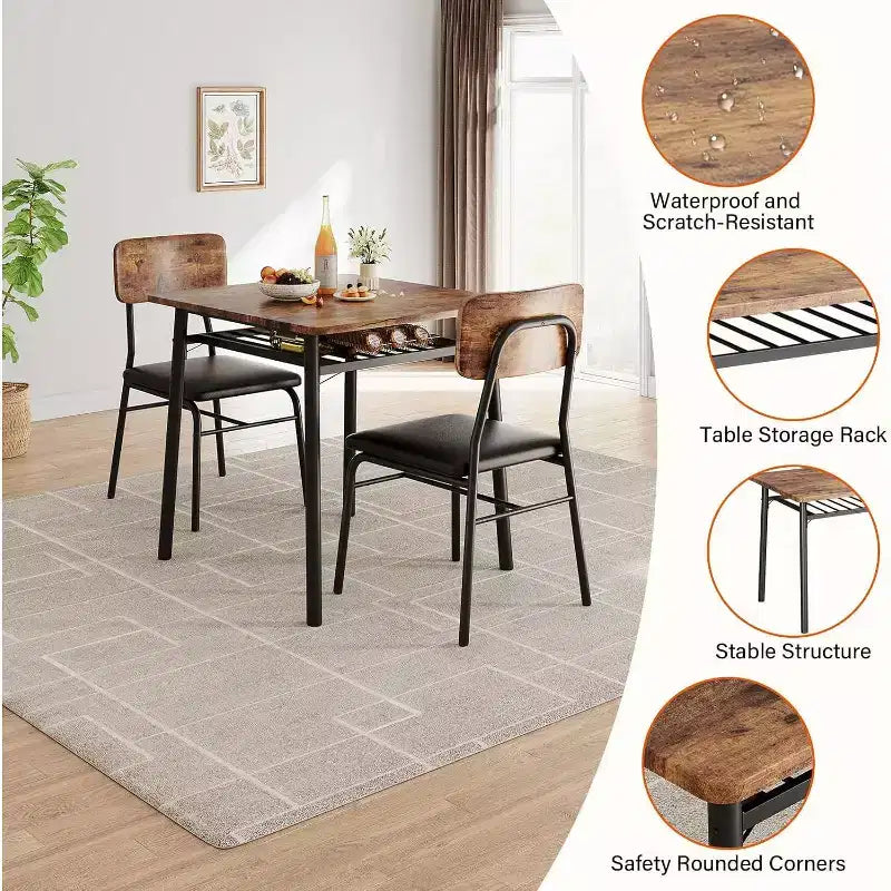 3-Piece Dining Table Set for 2, Wood Kitchen Table with Storage Rack, Upholstered Chairs of 2, Dining Room Set for Small Space, Apartment
