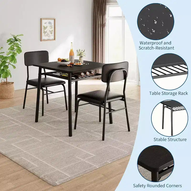 3-Piece Dining Table Set for 2, Wood Kitchen Table with Storage Rack, Upholstered Chairs of 2, Dining Room Set for Small Space, Apartment