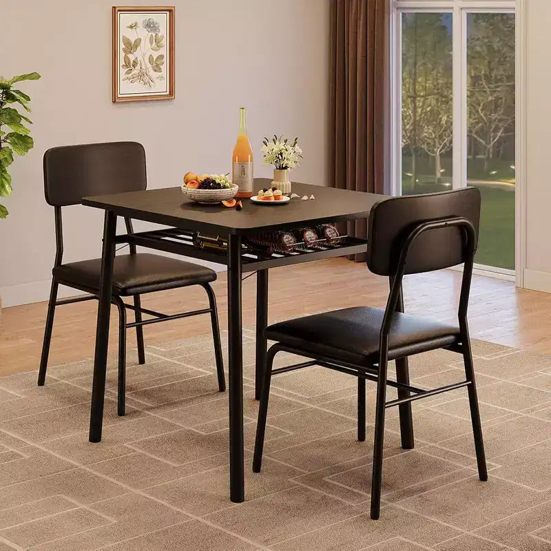 3-Piece Dining Table Set for 2, Wood Kitchen Table with Storage Rack, Upholstered Chairs of 2, Dining Room Set for Small Space, Apartment