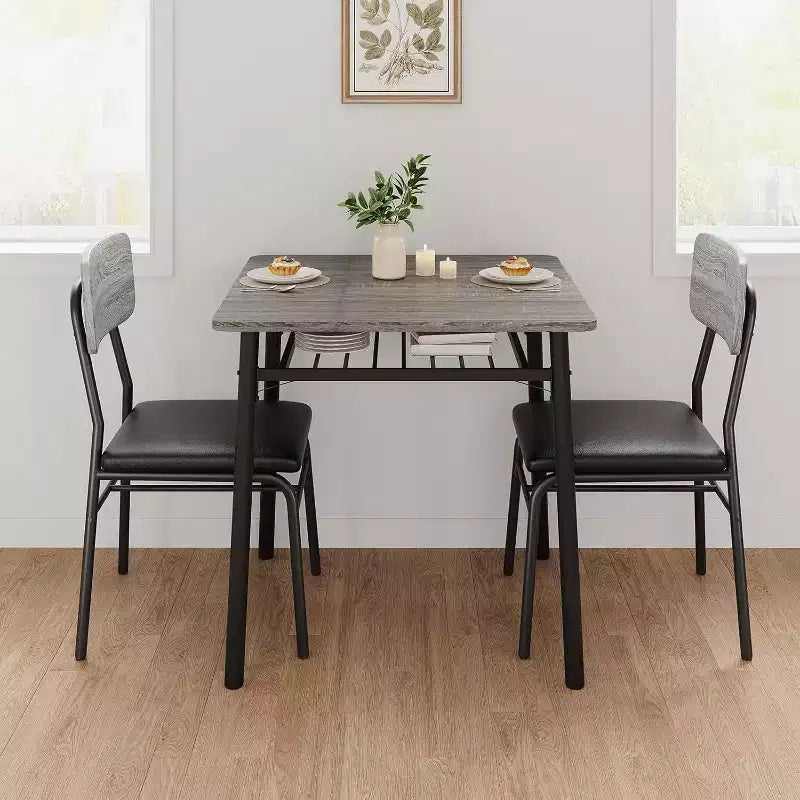 3-Piece Dining Table Set for 2, Wood Kitchen Table with Storage Rack, Upholstered Chairs of 2, Dining Room Set for Small Space, Apartment