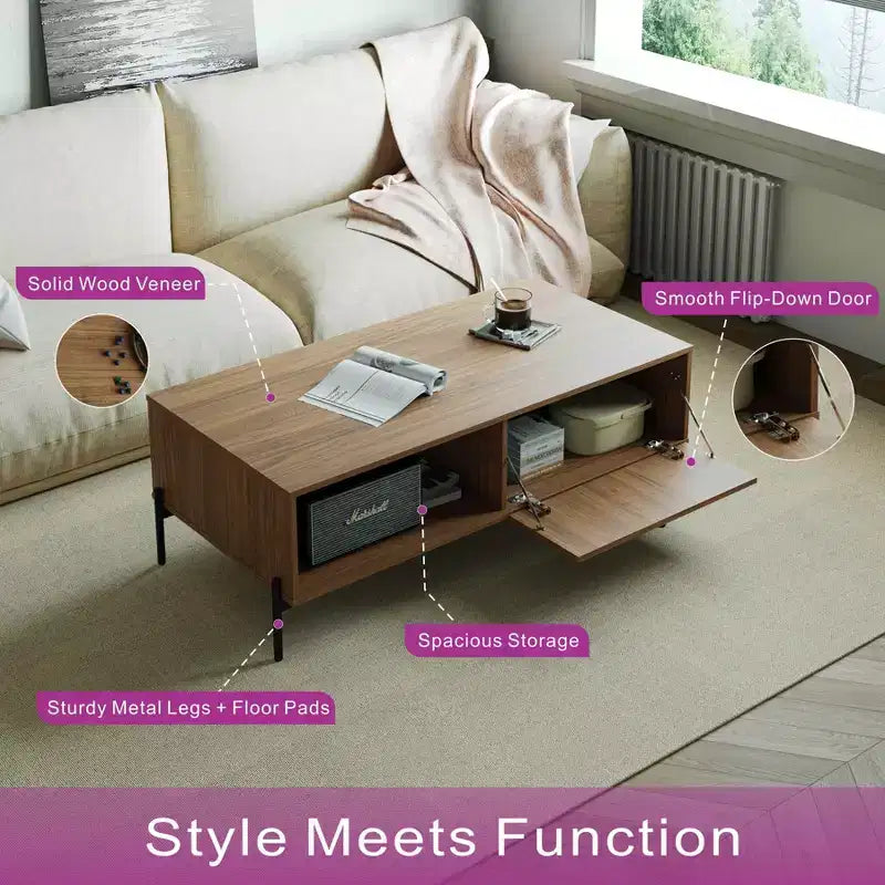 Tree city- 47 Wide Modern Golden Sandalwood Coffee Table with Slatted Door & Open Shelf Storage
