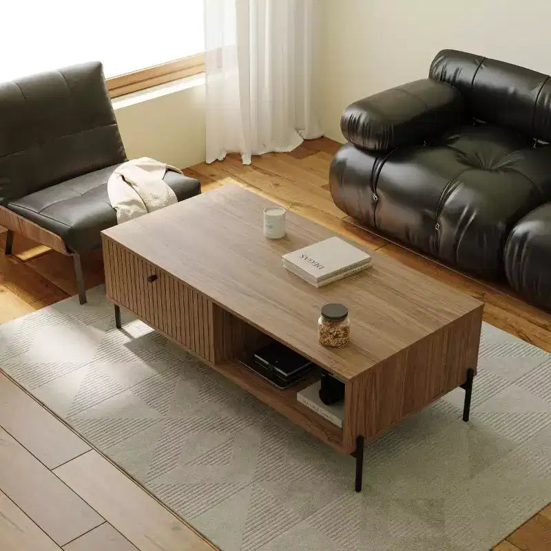 Tree city- 47 Wide Modern Golden Sandalwood Coffee Table with Slatted Door & Open Shelf Storage