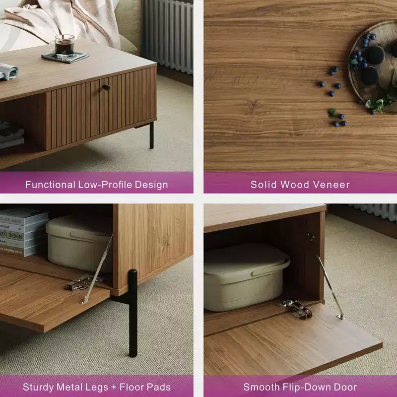 Tree city- 47 Wide Modern Golden Sandalwood Coffee Table with Slatted Door & Open Shelf Storage