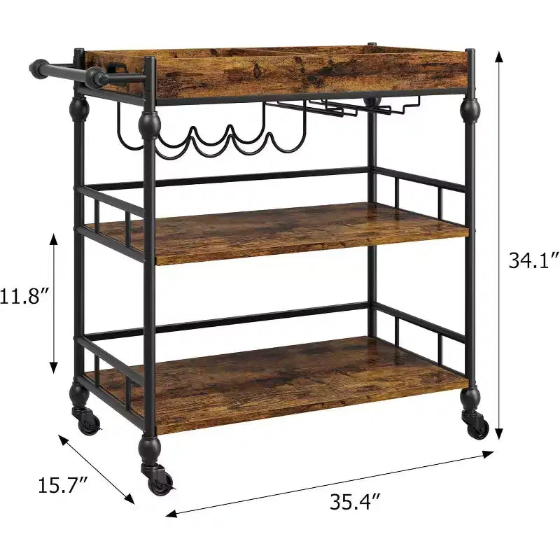 Acekool Bar Cart for Home, 3 Tier Rolling Cart with Removable Tray, Brown Gray Metal Frame, Serving Storage Shelves for Kitchen Dining