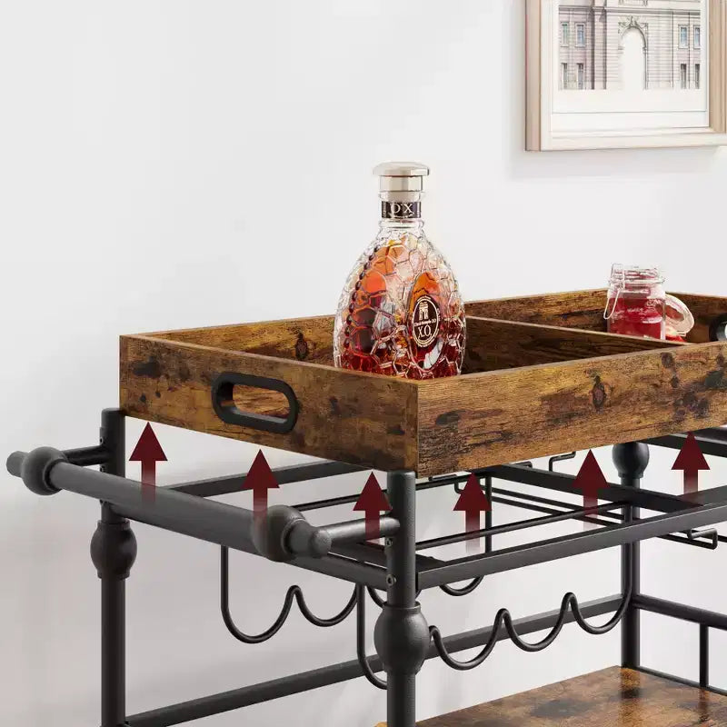 Acekool Bar Cart for Home, 3 Tier Rolling Cart with Removable Tray, Brown Gray Metal Frame, Serving Storage Shelves for Kitchen Dining