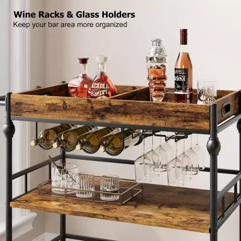 Acekool Bar Cart for Home, 3 Tier Rolling Cart with Removable Tray, Brown Gray Metal Frame, Serving Storage Shelves for Kitchen Dining
