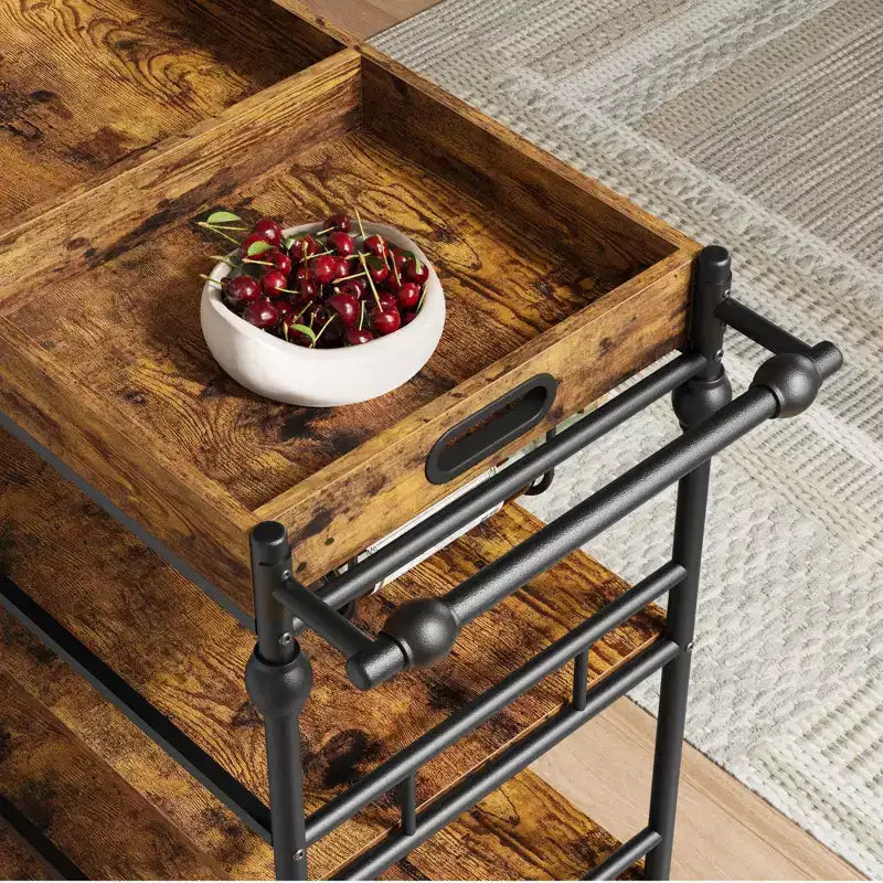 Acekool Bar Cart for Home, 3 Tier Rolling Cart with Removable Tray, Brown Gray Metal Frame, Serving Storage Shelves for Kitchen Dining