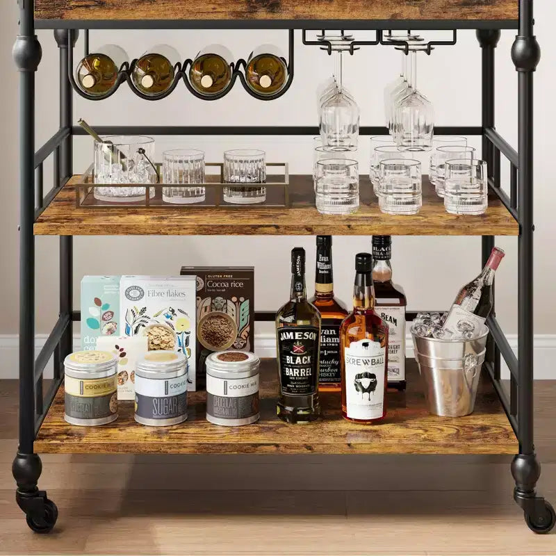 Acekool Bar Cart for Home, 3 Tier Rolling Cart with Removable Tray, Brown Gray Metal Frame, Serving Storage Shelves for Kitchen Dining