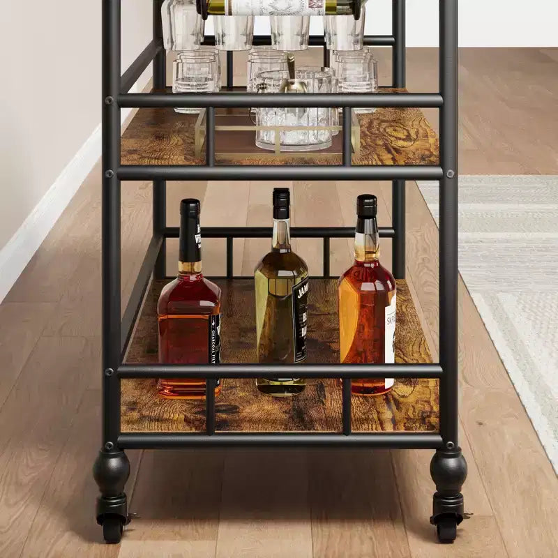 Acekool Bar Cart for Home, 3 Tier Rolling Cart with Removable Tray, Brown Gray Metal Frame, Serving Storage Shelves for Kitchen Dining