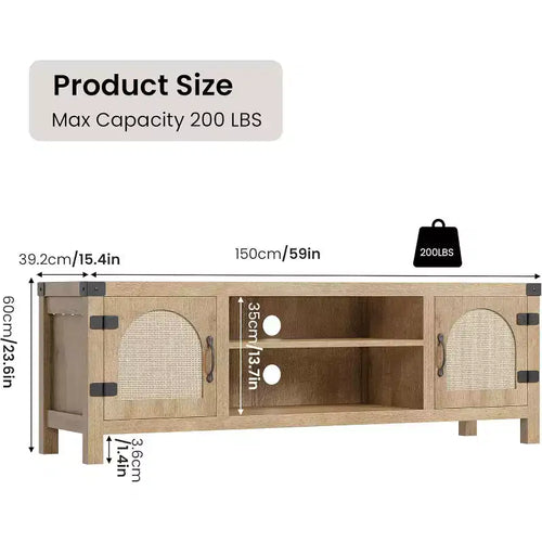65-inch Bohemian-style TV stand with wicker door - Wooden entertainment center with two cabinets and adjustable shelves, suitable for living rooms