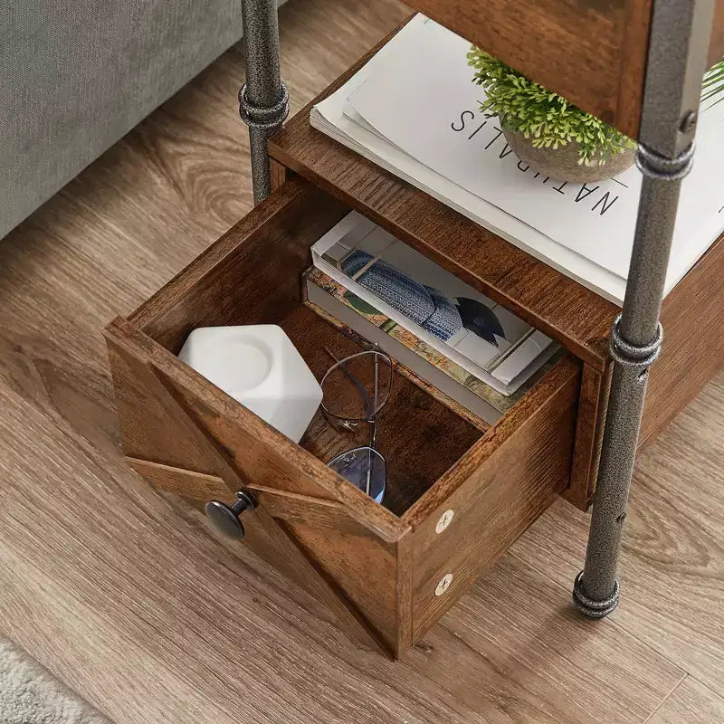 VECELO Nightstand with Charging Station & Drawer, Narrow Flip Top End Table with USB Ports & Power Outlets for Living Room or Bedroom, Brown