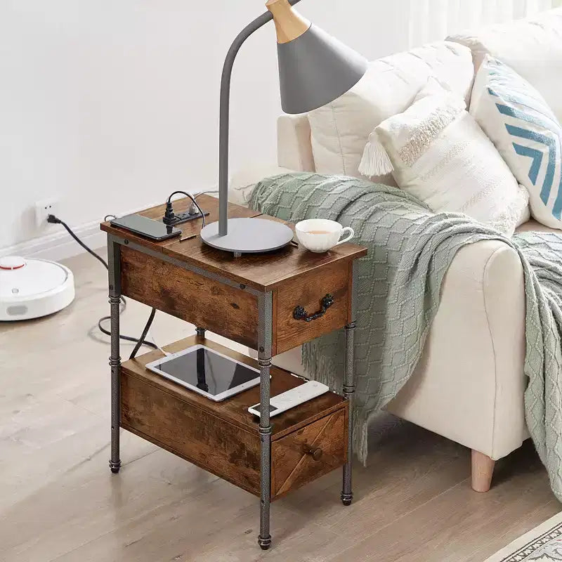 VECELO Nightstand with Charging Station & Drawer, Narrow Flip Top End Table with USB Ports & Power Outlets for Living Room or Bedroom, Brown