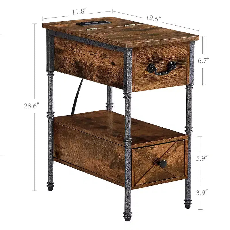 VECELO Nightstand with Charging Station & Drawer, Narrow Flip Top End Table with USB Ports & Power Outlets for Living Room or Bedroom, Brown