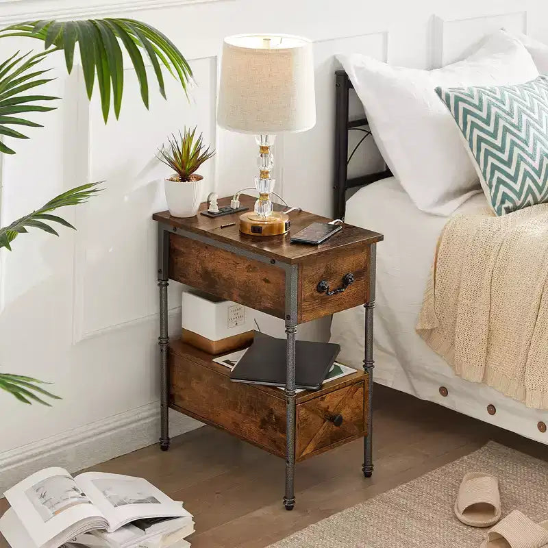 VECELO Nightstand with Charging Station & Drawer, Narrow Flip Top End Table with USB Ports & Power Outlets for Living Room or Bedroom, Brown