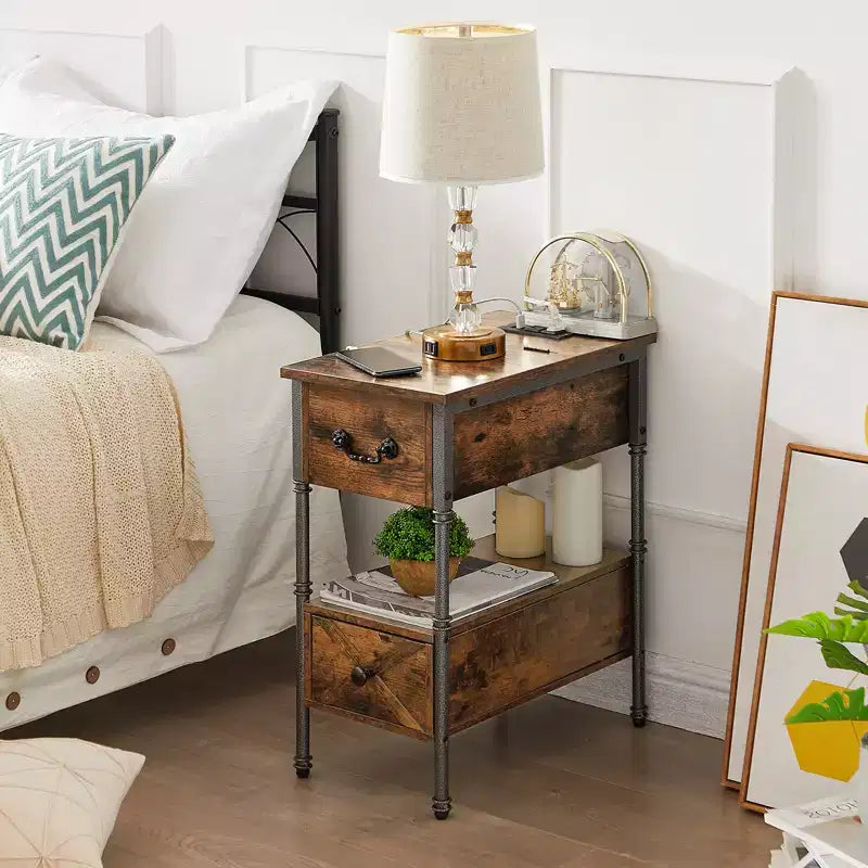 VECELO Nightstand with Charging Station & Drawer, Narrow Flip Top End Table with USB Ports & Power Outlets for Living Room or Bedroom, Brown