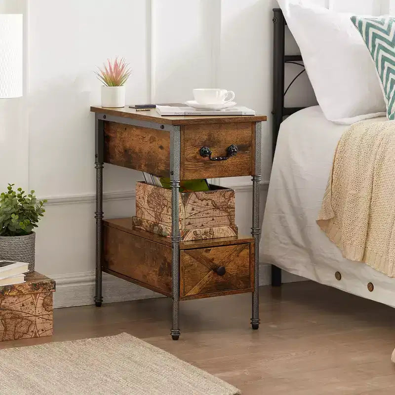 VECELO Nightstand with Charging Station & Drawer, Narrow Flip Top End Table with USB Ports & Power Outlets for Living Room or Bedroom, Brown