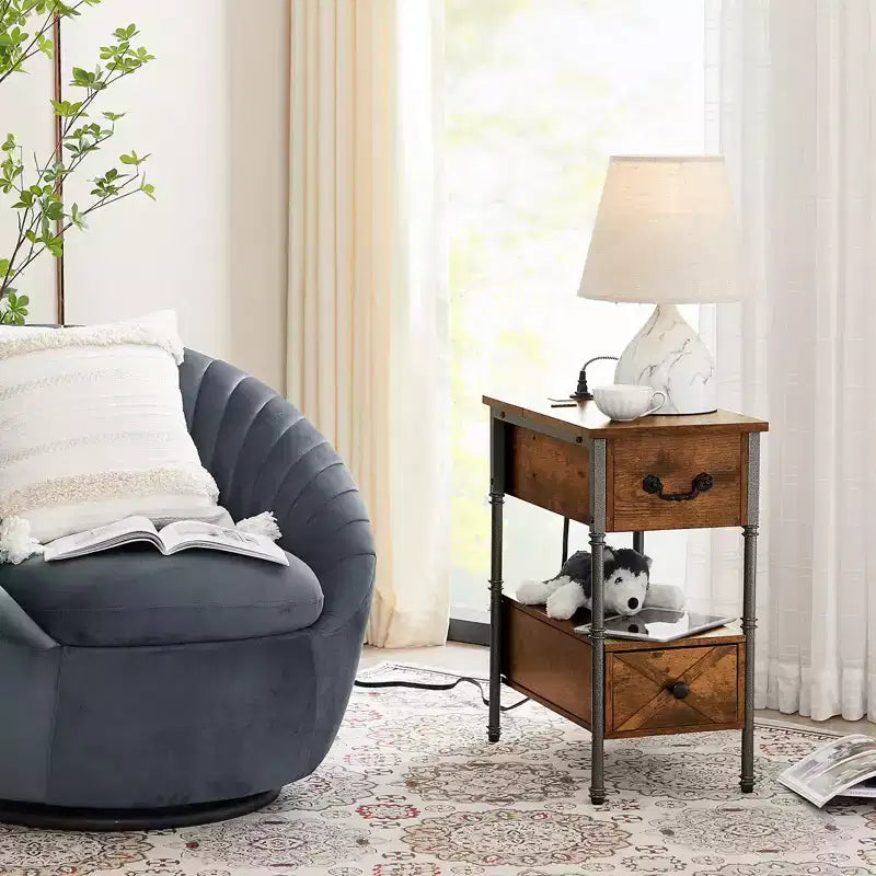 VECELO Nightstand with Charging Station & Drawer, Narrow Flip Top End Table with USB Ports & Power Outlets for Living Room or Bedroom, Brown