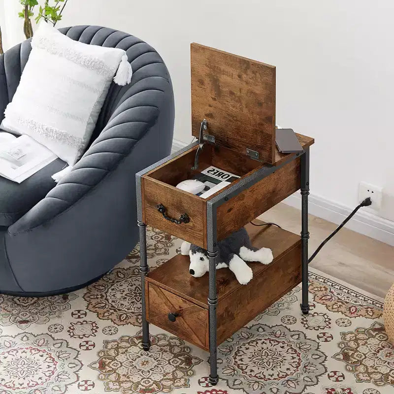 VECELO Nightstand with Charging Station & Drawer, Narrow Flip Top End Table with USB Ports & Power Outlets for Living Room or Bedroom, Brown