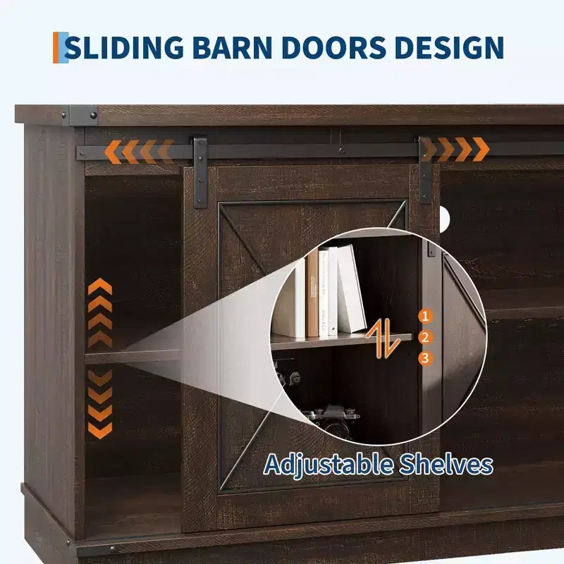 Farmhouse TV Stand for TV Up to 65 Inches, Rustic Entertainment Center with Sliding Barn Doors, Wood Storage Cabinets and Adjustable Shelf